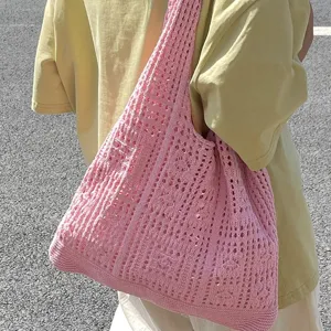 Sac à bandoulière rétro en maille ajourée pour femme, cabas d'été en crochet rose fait main