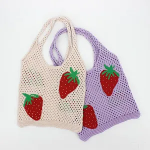 Two stylish strawberry pattern knit mesh tote bags in beige and lavender purple colors