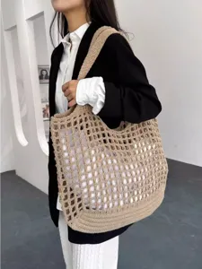 Grand sac cabas beige minimaliste au crochet avec design maille à l'épaule