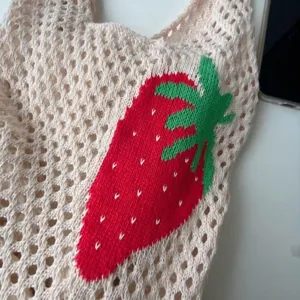 Handmade crochet strawberry mesh tote bag with hollow out design for summer beach