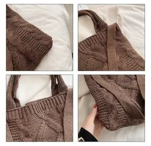 Detailed shots of a brown cable-knit tote bag featuring retro texture and soft material.