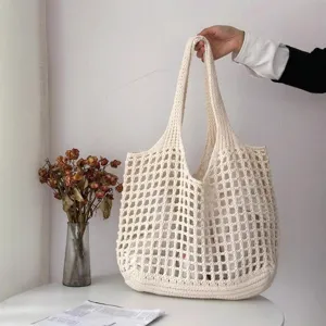Sac Cabas en Tricot à Grande Capacité pour Femmes Sac à Bandoulière Ajouré en Polyester Sac à Main de Plage Minimaliste