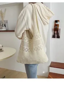 Large hollow-out knit tote bag for women, minimalist cream crochet shoulder bag