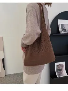 Minimalist brown hollow knit tote bag with large capacity for versatile daily styling