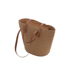 Sac de plage en paille marron à grande capacité avec longues bandoulières