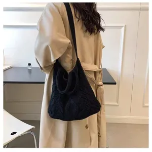 Stylish black large capacity knit shoulder bag for autumn winter with retro cable pattern