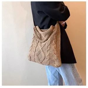Large capacity khaki cable knit tote bag for women retro autumn winter style shoulder bag
