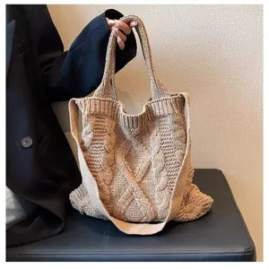 Vintage style large capacity cable knit tote bag for autumn and winter daily commuting