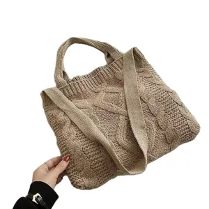 Beige cable knit tote bag with large capacity for autumn and winter fashion