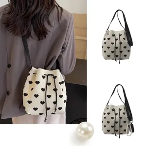 Women Canvas Heart Pattern Drawstring Bucket Bag Knitted Jacquard Shoulder Crossbody Bag Streetwear Ripple Handbag
