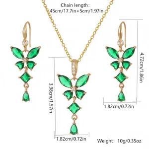 Detailed view of butterfly emerald zircon jewelry set with dimensions and weight