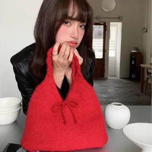 Japanese Style Cute Bow Knitted Handbag Large Capacity Autumn Winter Underarm Bag For Women Simple Woolen Yarn Tote Bag