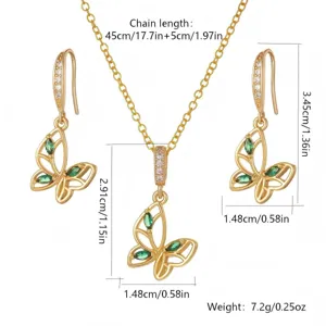 Butterfly jewelry set with emerald green cubic zirconia and dimensions