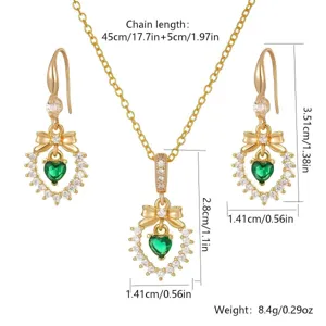 Detail of emerald green zircon necklace and earring set with dimensions and weight.