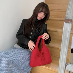 Casual red knitted tote bag with bow detail, Japanese style autumn winter handbag for women.
