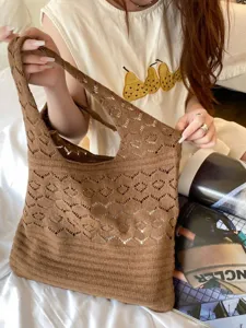 Bolso de hombro vintage de malla de ganchillo marrón para mujer estilo retro