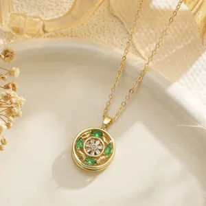 Court style double-layered rotating clover flower pendant necklace with green and clear stones