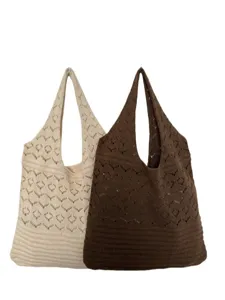 Bolsos de punto vintage hechos a mano con diseño calado para mujer en beige y marrón