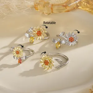 Bague Ouverte Rotative Tournesol et Abeille pour Femme en Cuivre Zirconia Bague Anti-stress Bicolore Bijoux Mode Cadeau