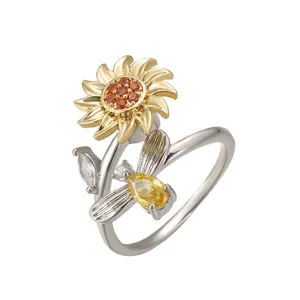 Bague tournante ajustable bicolore avec motif tournesol et abeille pour soulager le stress