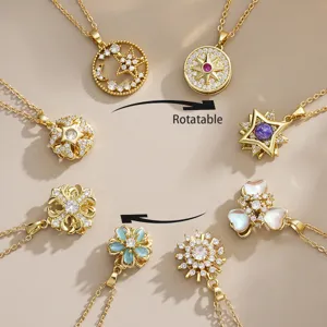 Rotatable Eight-pointed Star Necklace For Women Copper Gold Plated Full Zirconia Hollow Star Disk Pendant Stress Relief Fashion Jewelry