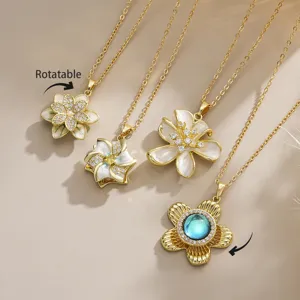 Collar con Colgante de Flor Giratoria de Diseño de Nicho para Mujer de Cobre con Circonia Incrustada Esmalte Goteo de Aceite Cadena de Acero de Titanio Joyería Giratoria