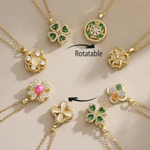 Palace Style Rotatable Four Leaf Clover Flower Pendant Necklace Copper Gold Plated Zirconia Artificial Pearl Vintage Necklace