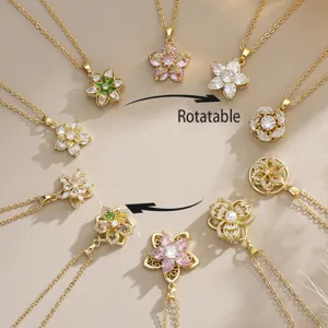 Rotatable Flower Pendant Necklace For Women Copper Zirconia Inlaid Floral Stress Relief Jewelry Gold Plated Necklace