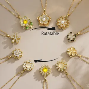 Rotatable Flower Fidget Necklace For Women Gold Plated Copper Zirconia Sunflower Daisy Pendant Necklace Stress Relief Healing Jewelry