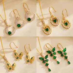 Vintage Emerald Green Zirconia Jewelry Set Gold Plated Copper Hollow Butterfly Heart Moon Necklace Earrings For Women Party