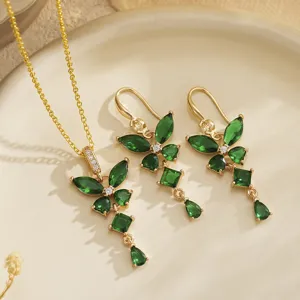 Vintage butterfly emerald green zircon jewelry set with gold necklace and earrings