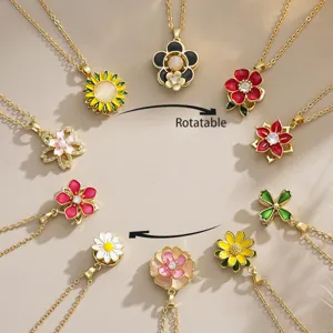 Rotatable Camellia Daisy Zirconia Pendant Necklace For Women Copper Gold Plated Enamel Flower Clavicle Chain Jewelry Gift