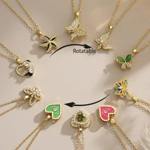 Rotatable Butterfly Pendant Necklace Titanium Steel Enamel Heart Zirconia Charm Sweater Chain Jewelry For Women