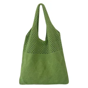 Bolso tote de punto verde con malla calada y patrón de diamantes para mujer