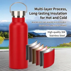 Red stainless steel insulated water bottle for outdoor sports with a portable metal handle