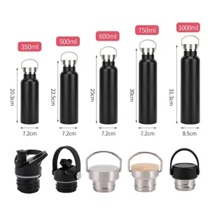 Matte black stainless steel sports water bottle set 350ml-1000ml with different lids