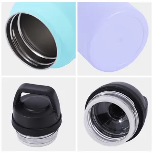 Detailed views of double-walled stainless steel vacuum sports water bottle with handle lid