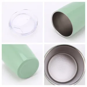 2oz mintgrüne Mini-Kaffeetasse aus Edelstahl mit klarem Deckel, 4-Ansicht-Collage