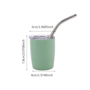 Grüner 2oz Edelstahl Mini-Thermobecher mit Trinkhalm, Deckel und Abmessungen