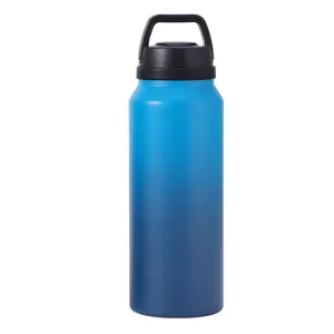 Insulated stainless steel sports water bottle with blue gradient finish and handle