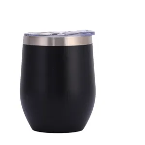 12oz mattschwarzer isolierter Edelstahl-Weinbecher in Eiform mit klarem Deckel