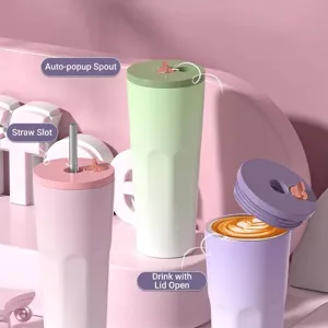 Elegante Thermo-Trinkbecher in Pastellfarben mit vielseitigen Deckeln und Strohhalmen