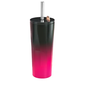 Diamant geslepen 304 RVS beker met roze-zwart verloop en herbruikbaar metalen rietje