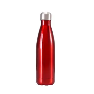 Red bowling pin shaped stainless steel vacuum insulated water bottle on white background.