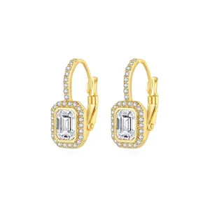 Vintage Emerald Cut Zirconia Halo Hoop Earrings Copper Geometric Earrings For Women Jewelry Gold Silver Rhodium Plated Ear Buckle