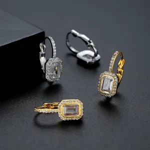 Elegant vintage rectangular cubic zirconia leverback earrings in gold and silver finishes