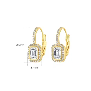 Vintage gold-plated hoop earrings with emerald-cut cubic zirconia halo setting