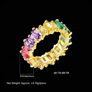 Vergulde regenboog zirkonia eeuwigheidsring met diverse gekleurde rechthoekige stenen