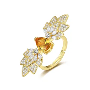 Kupfer Zirkonia Flügel Verstellbar Offener Ring Für Damen Wassertropfen Gelb Kristall Persönlichkeit Design Damen Ring Schmuck