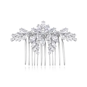 Peigne à Cheveux Mariée Fleur Feuille Cuivre Incrusté Zirconia Accessoires Cheveux Mariage Argent Brillant Zircon Bijoux Cheveux pour Femmes